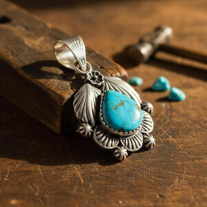 Blue Royston Turquoise Botanical Pendant - Sterling Silver 925 - HCR Stamped